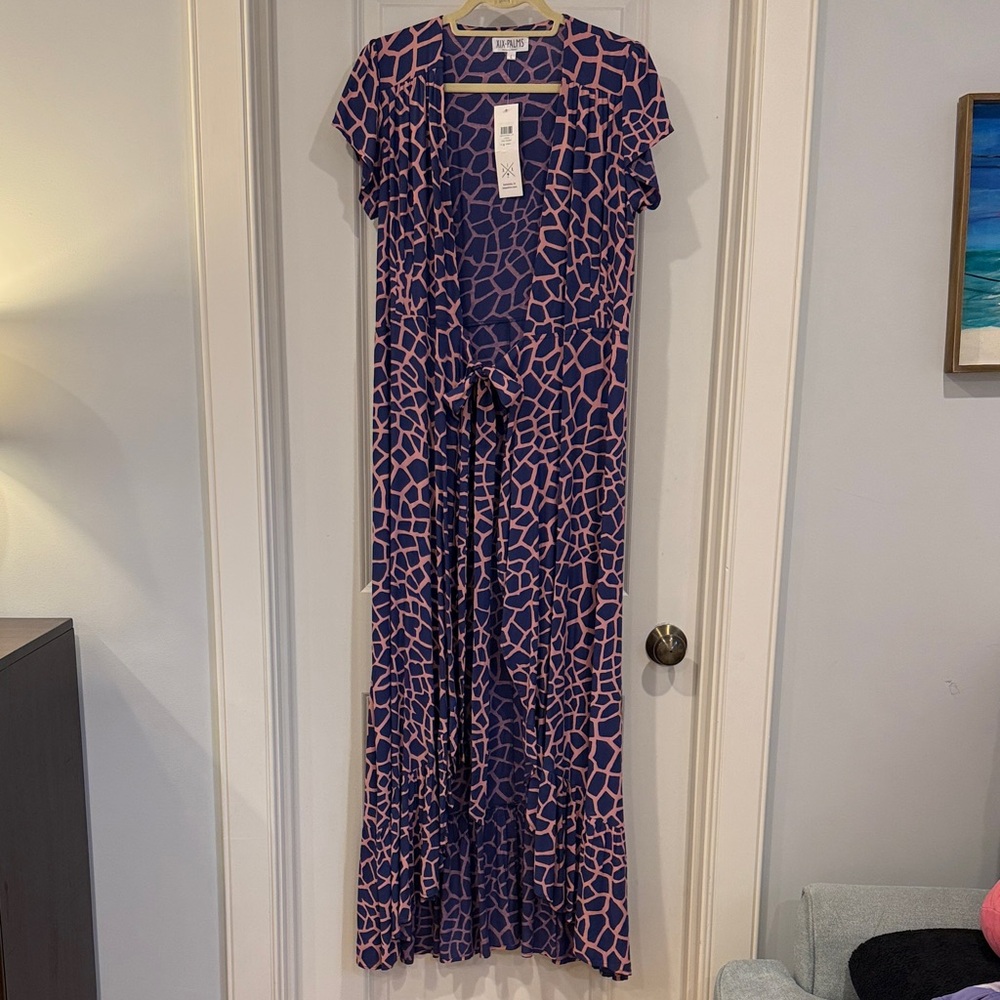 Women’s Asymmetrical Wrap Dress - Navy & Pink (Giraffe/Animal print)